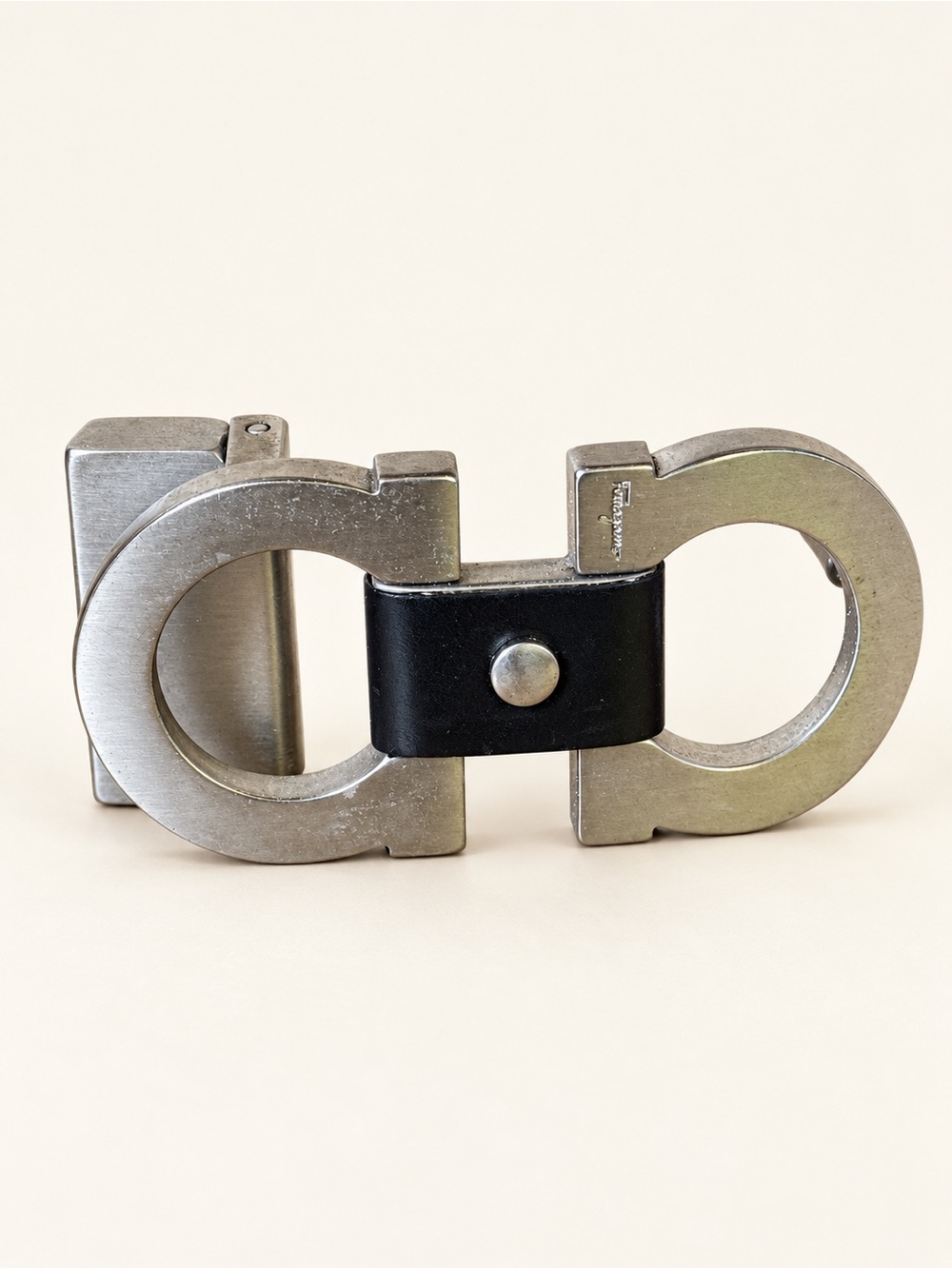 Salvatore Ferragamo Men's Silver and Black Gancini Buckle Belt Accessory